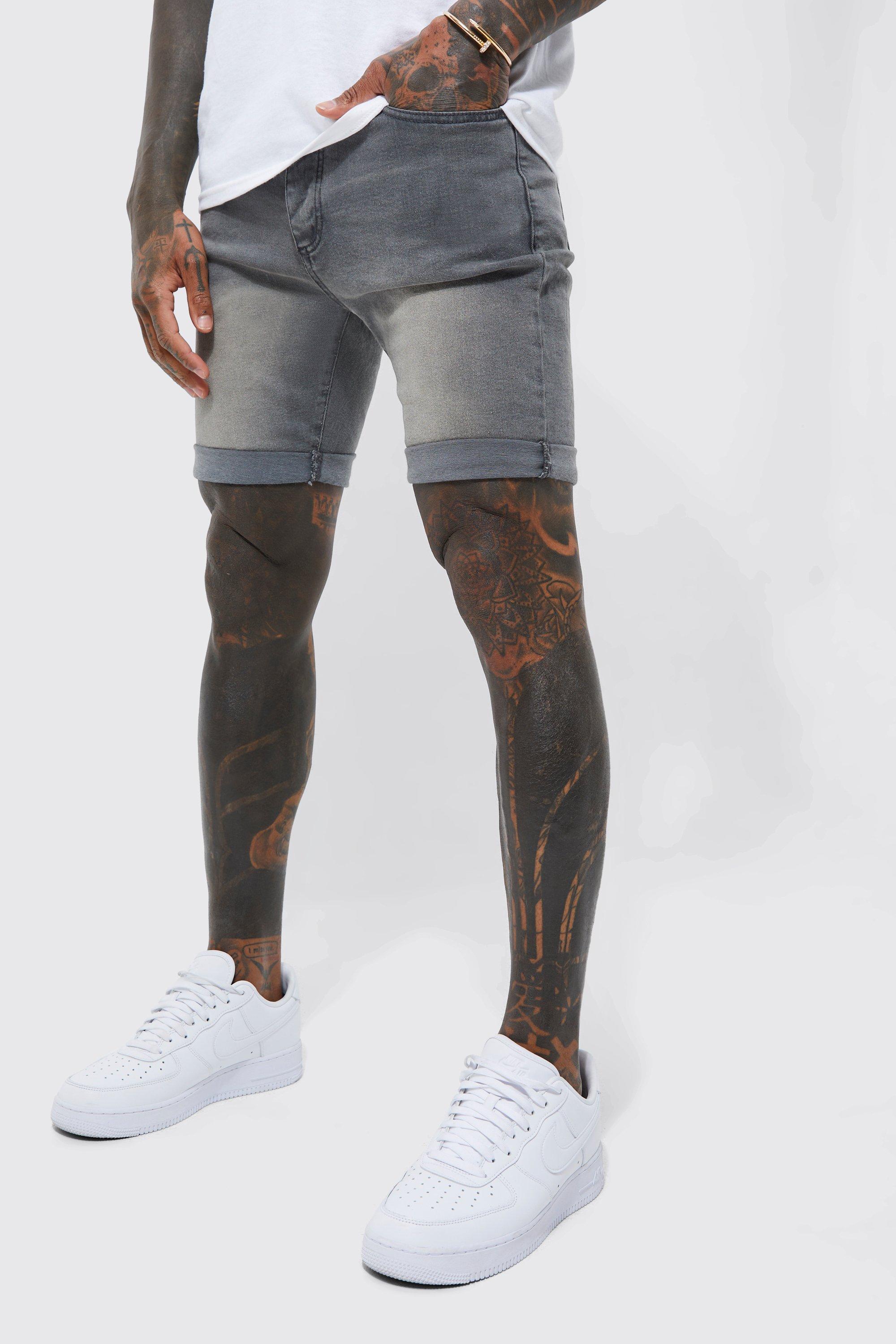 Mens Grey Skinny Stretch Denim Shorts, Grey
